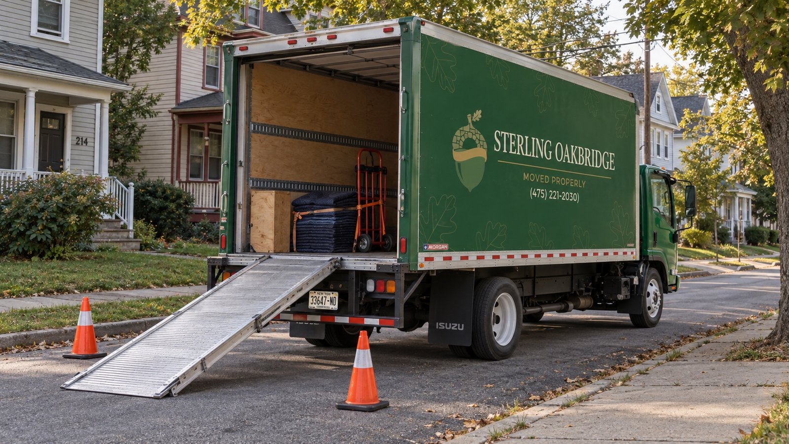 A dark green moving truck with an open rear door and a ramp resting at a residential curb.