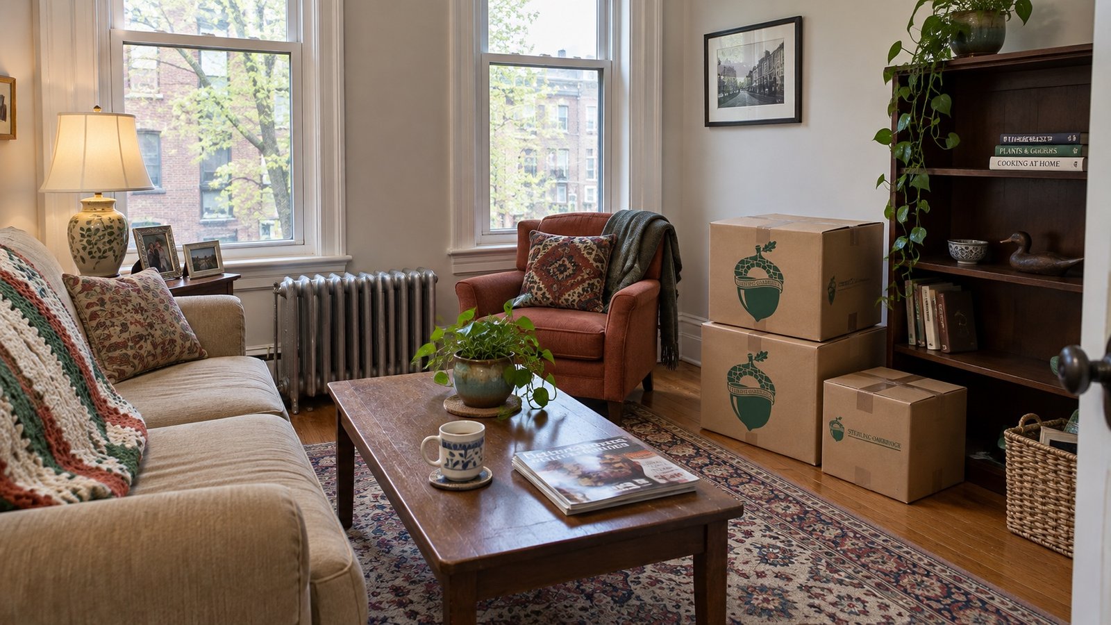 A furnished living room in an older apartment with sealed moving boxes by the wall.