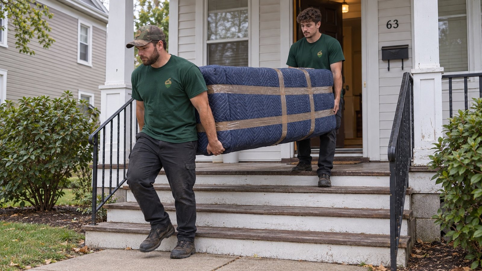 Two movers carrying a blanket-wrapped sofa down the wooden steps of a porch.