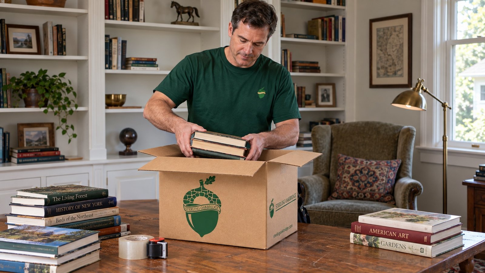 A Sterling Oakbridge mover packs books into a small branded Book carton in a Utica home study.
