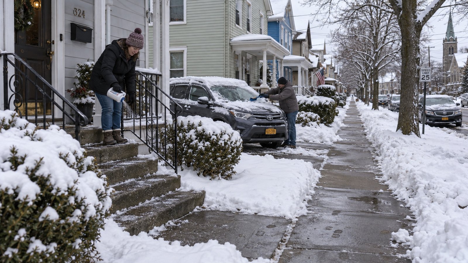 A residential street after snowfall with plowed piles and cleared sidewalks.