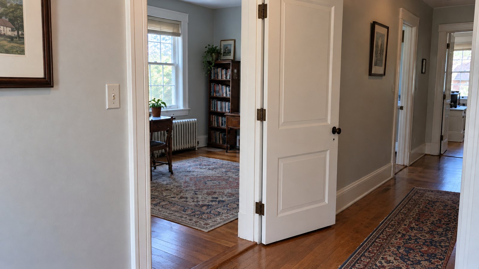 Open interior doorway with a clear hardwood approach and no person measuring it