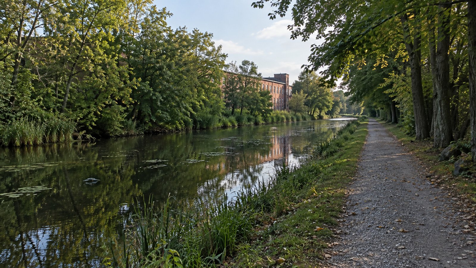 A gravel path beside a calm canal with trees and a brick building across the water