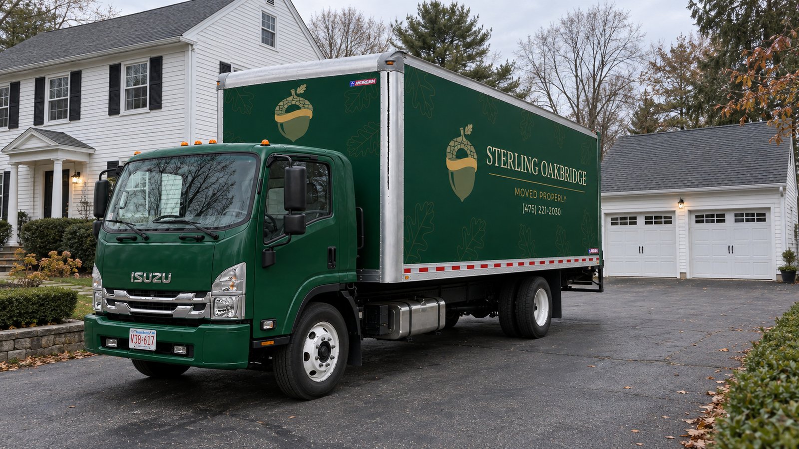 A green Sterling Oakbridge box truck on a paved driveway beside a house and garage
