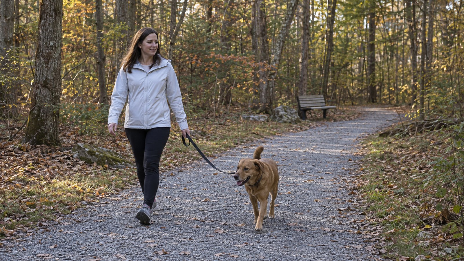 A woman walking a brown dog on a leash along a gravel woodland path