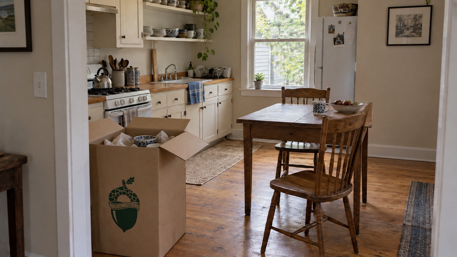 A small kitchen and dining table with an open kraft china carton beside the doorway