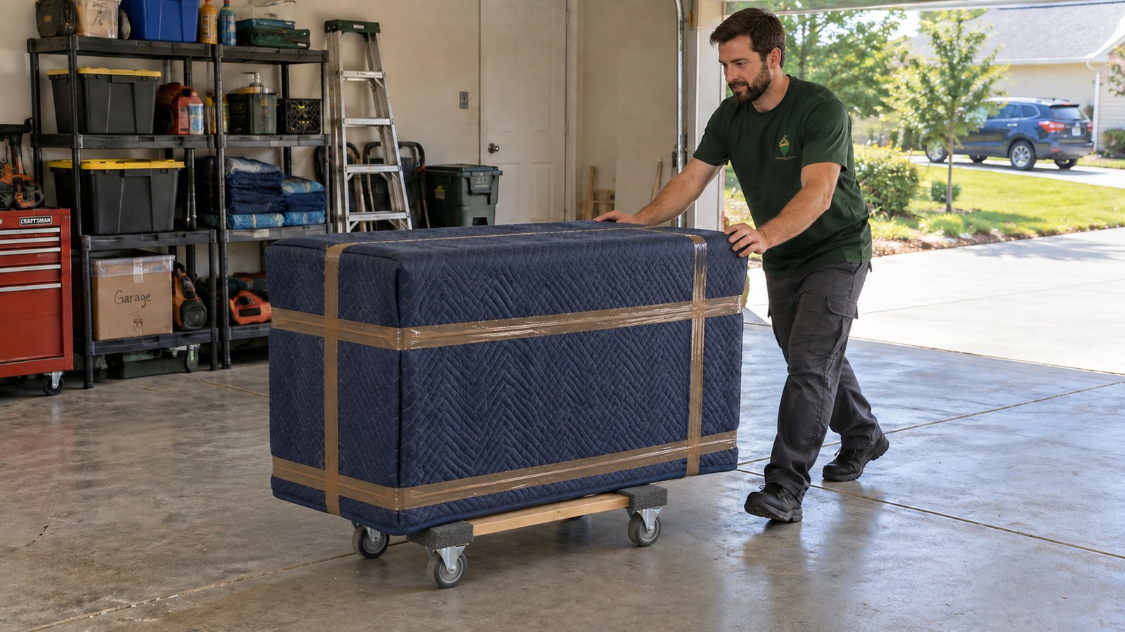 Male mover guiding a protected cabinet on a compact wooden furniture dolly across a garage floor