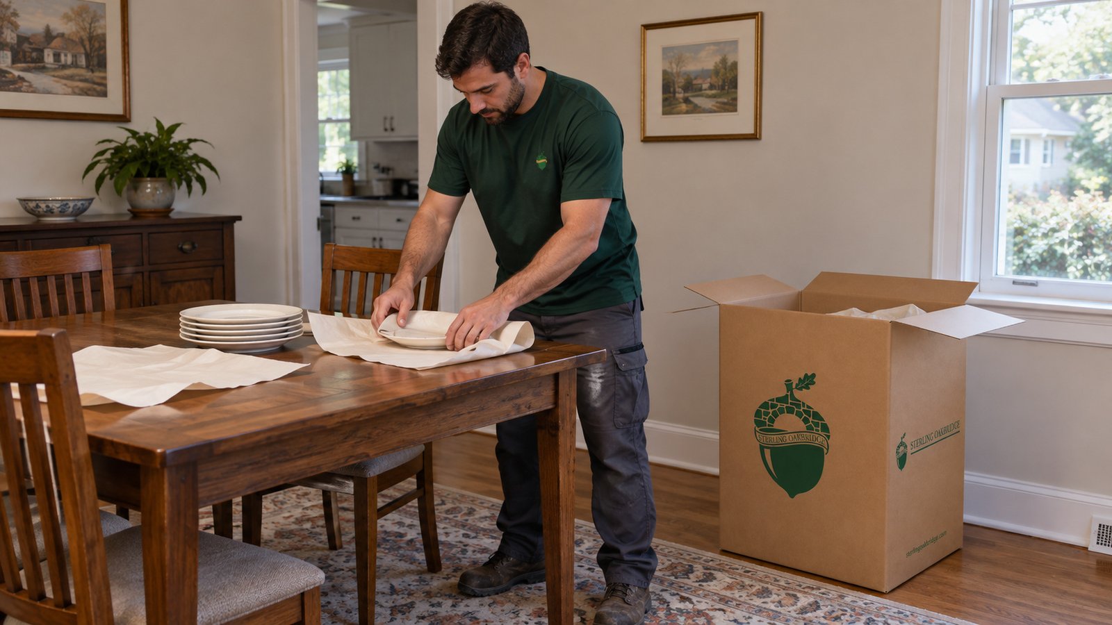 A Sterling Oakbridge mover wrapping a plate on a table beside an open china carton