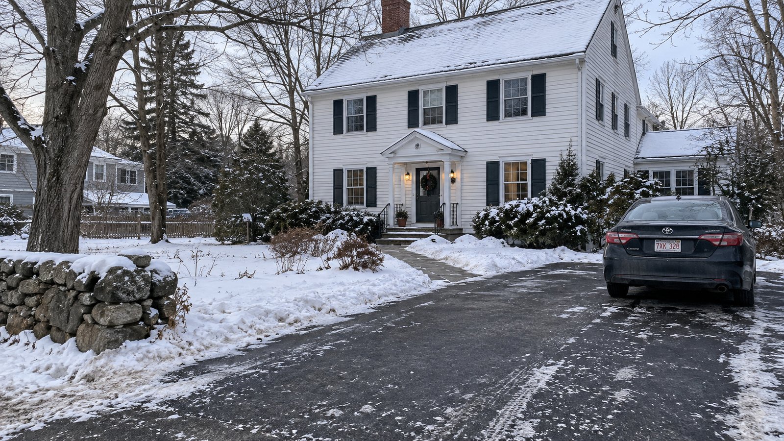 A cleared path to a house with a car parked beside low driveway snowbanks