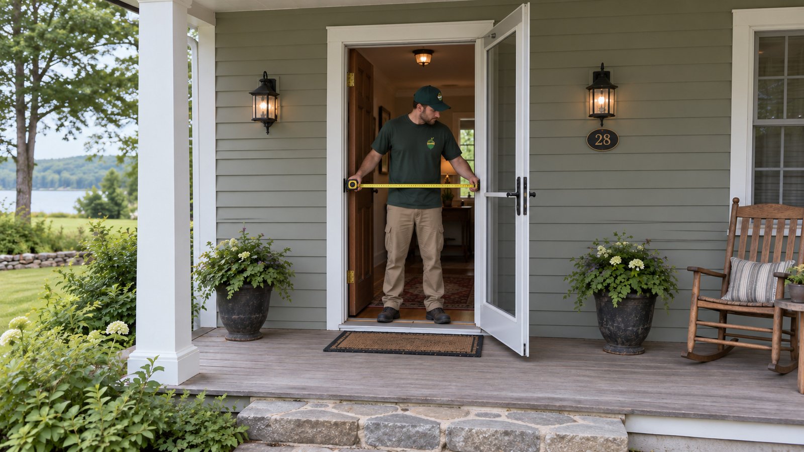 Measure the actual opening A whole male company mover measures the clear opening of one inner door and one matching storm door on a country porch.