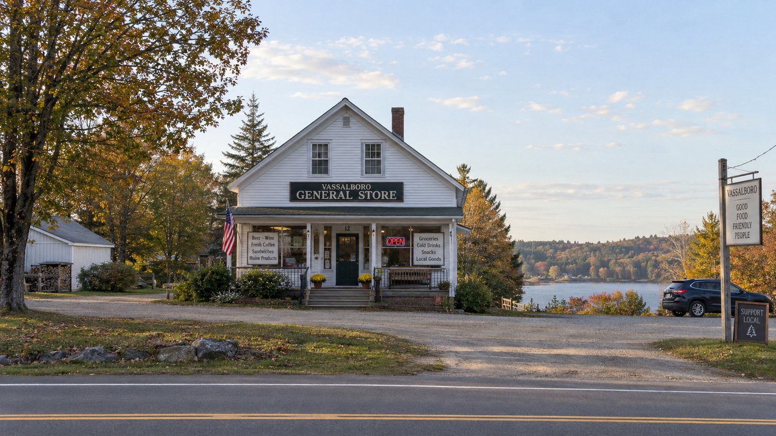 A whole modest general-store building with intact GENERAL STORE and OPEN signs beside a rural road and water.