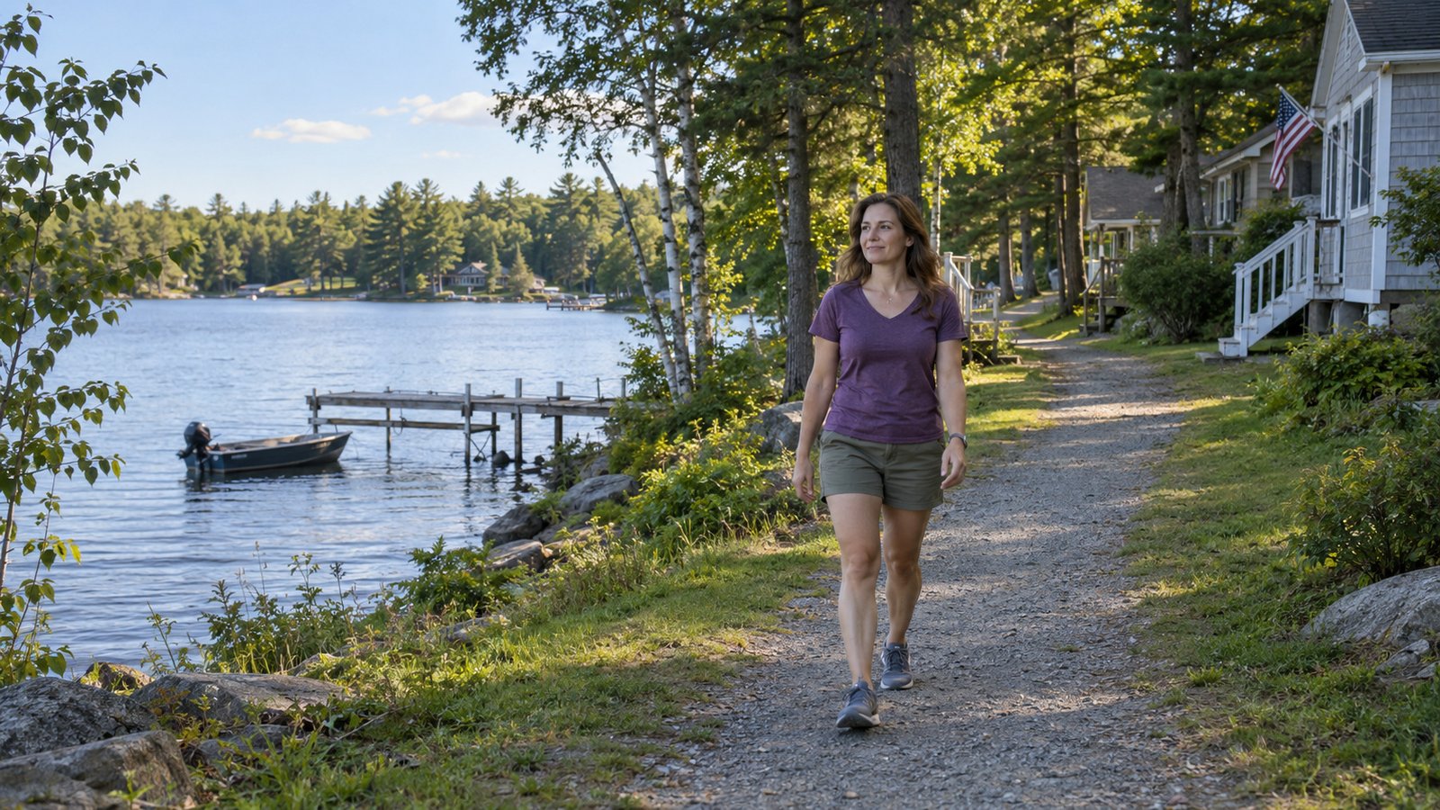 A whole casually dressed woman walks a lakeshore footpath past contextual cottages and trees.