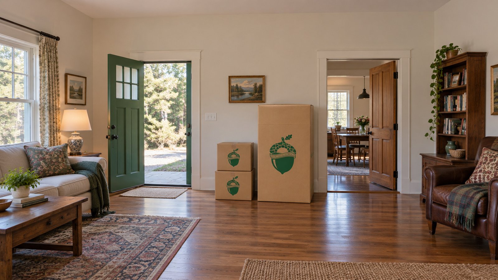 A furnished rural cottage living room with a whole open side entry and adjoining passage, one kraft Wardrobe carton and two stacked small Book cartons.
