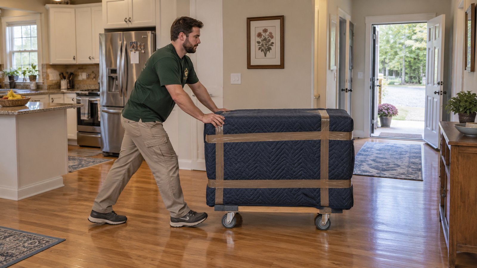 Prepare furniture and the route A whole male mover pushes a blanket-wrapped small dresser on a compact furniture dolly across a level hard kitchen floor toward an open exit.