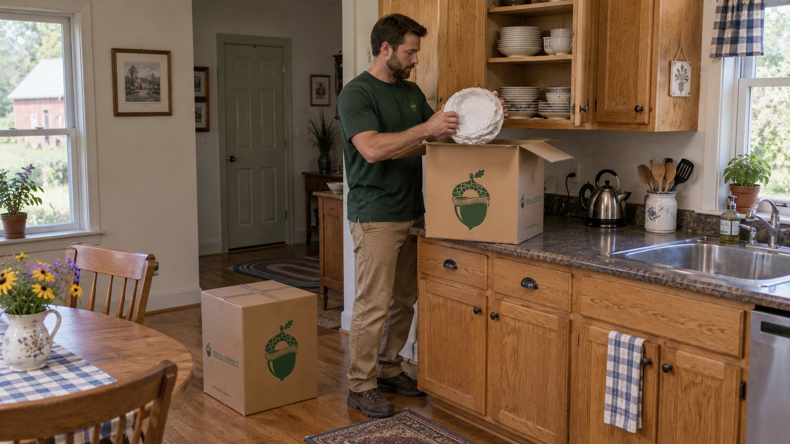 Prepare fragile kitchen packing A whole male packer holds an individually paper-wrapped round dish above an open kraft China carton in a furnished working kitchen.
