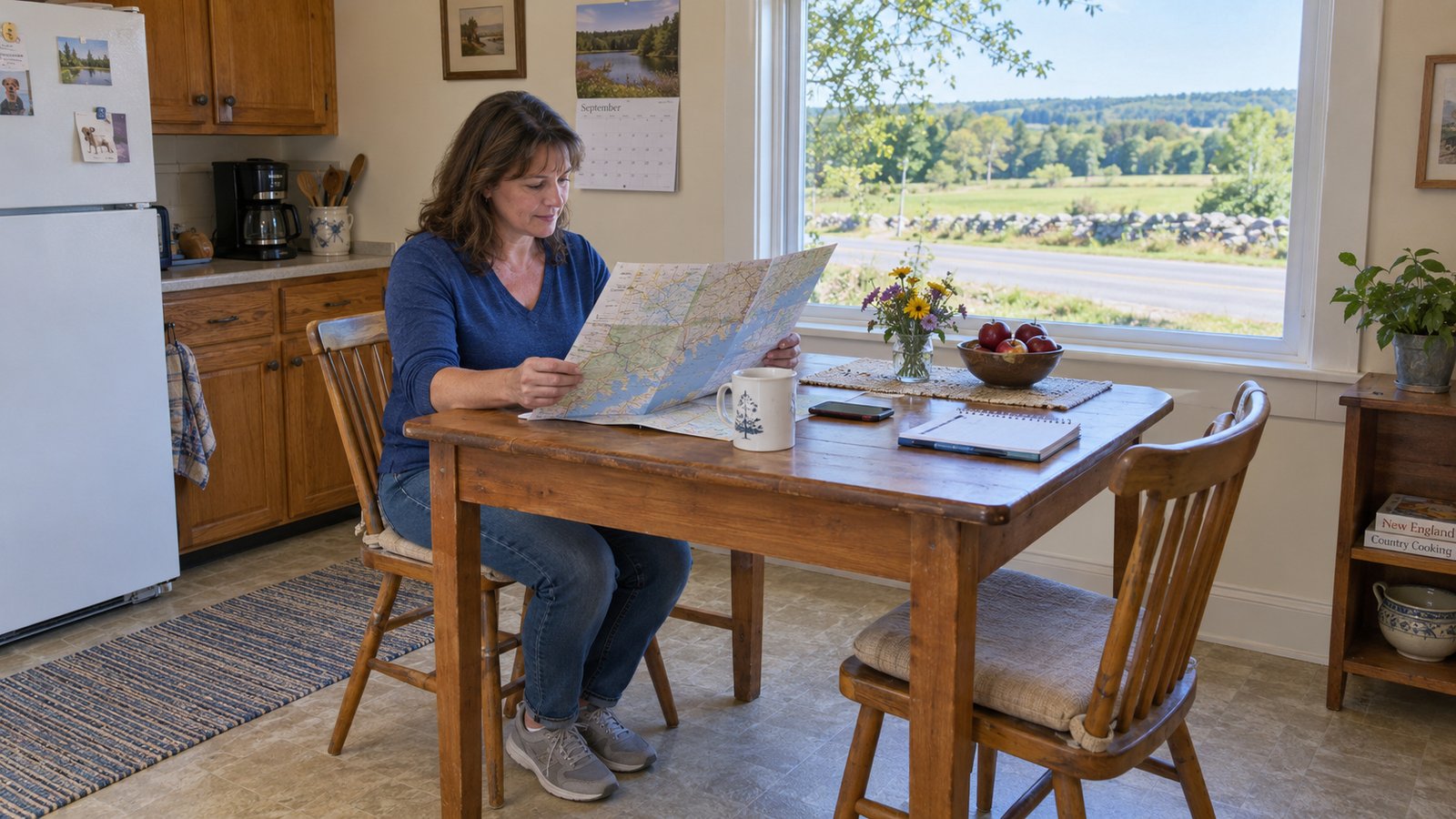 A whole casually dressed woman sits at a kitchen table holding a paper map beside a phone and calendar.