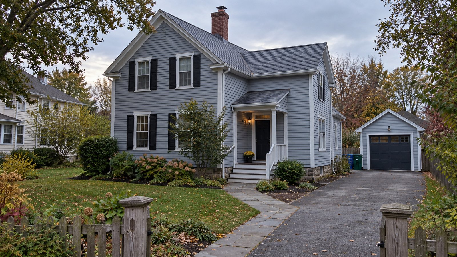 Check the connected carrying route Complete gray home with a covered porch, closed door, two steps and a connected walk