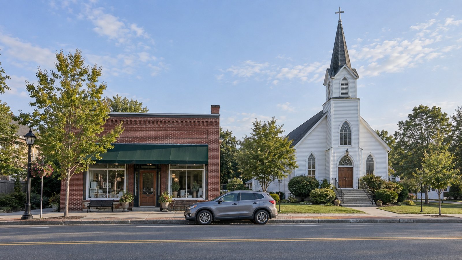 Complete village shop and church with a parked gray vehicle and a connected sidewalk