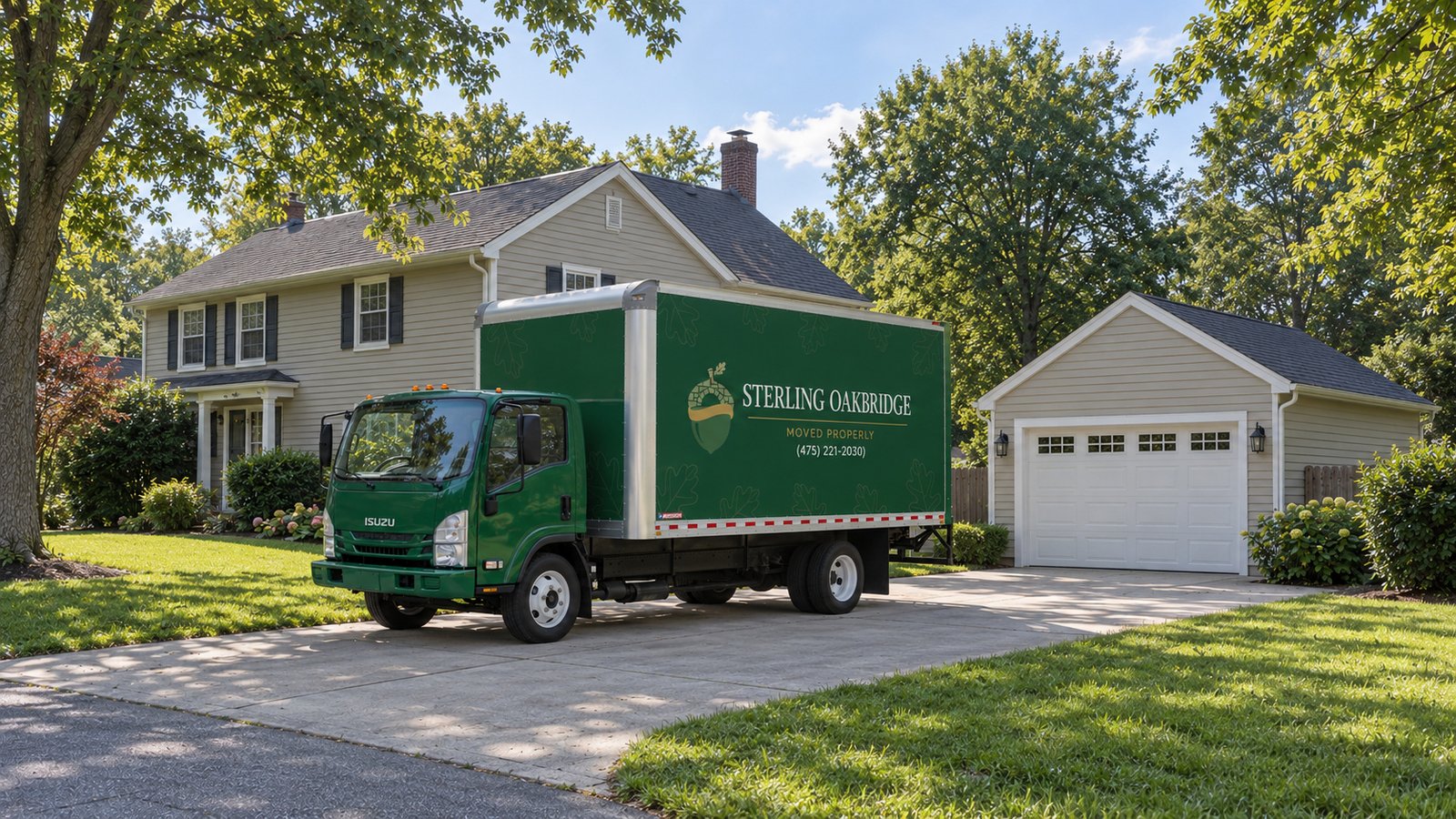 Agree an authorized truck position Green Sterling Oakbridge Isuzu NPR16 standing on a paved driveway beside a complete house and detached garage
