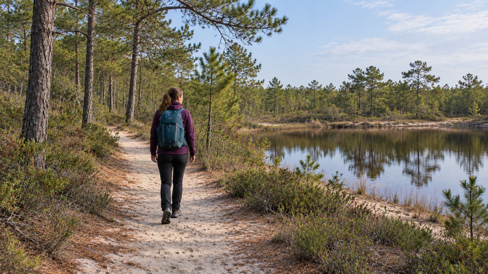 Woman walking on a continuous sandy path beside a small pond with low pine-covered banks