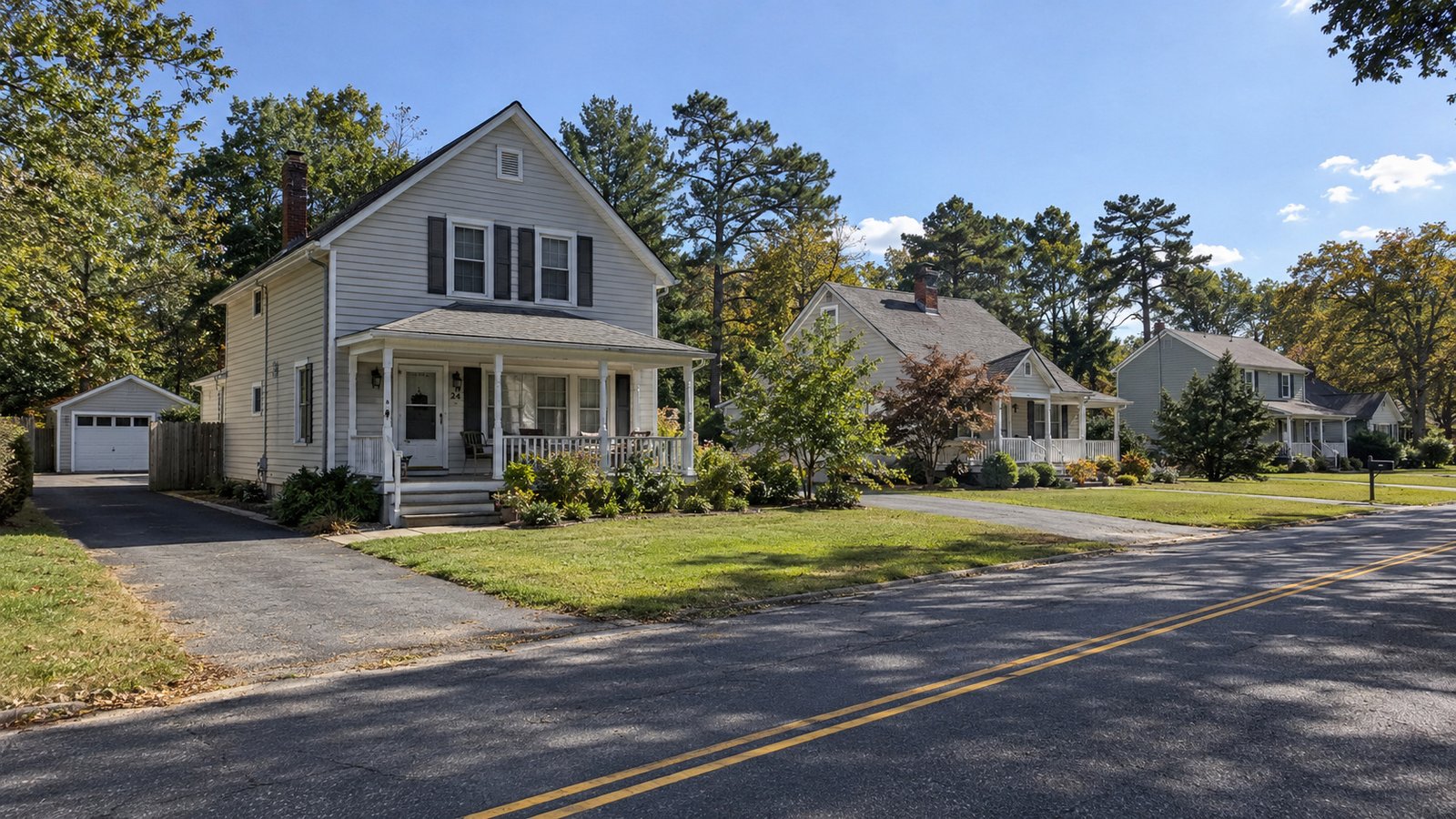Plan the actual approach Three complete clapboard homes with porches, lawns and driveways