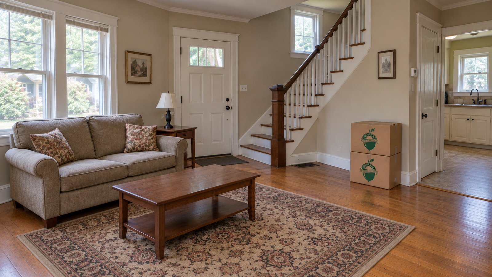 Compact living room with a complete sofa, coffee table, entry door, stairs and two small Book cartons