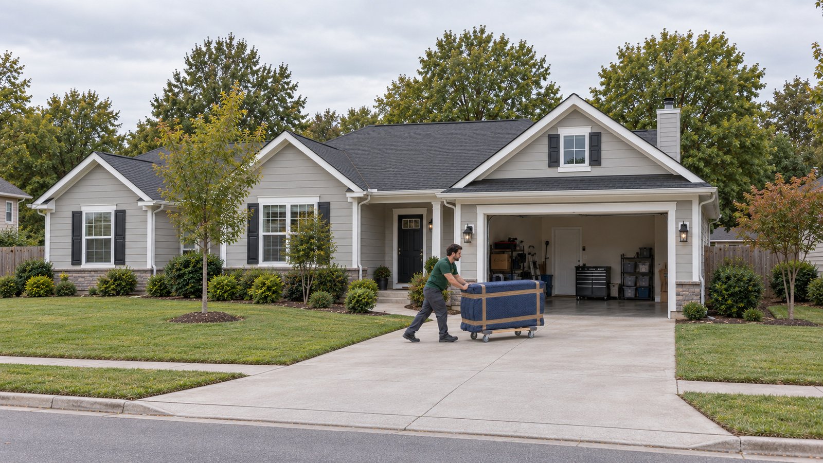 Keep the transfer route clear Male mover rolling a padded dresser on a compact wooden furniture dolly toward an open garage