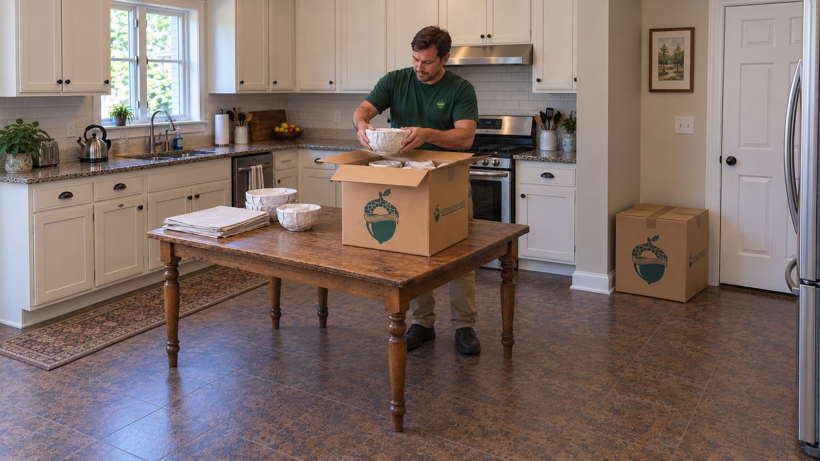 Pack the belongings you will take Male mover holding a paper-wrapped bowl above an open branded kraft China carton on a complete kitchen table