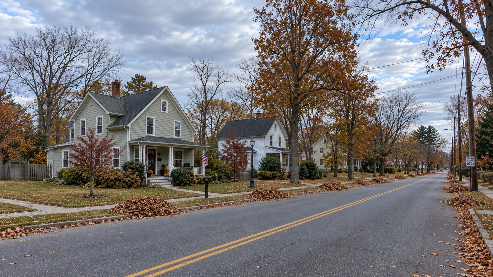 Complete village homes beside a residential road with late-autumn leaves piled along the curb