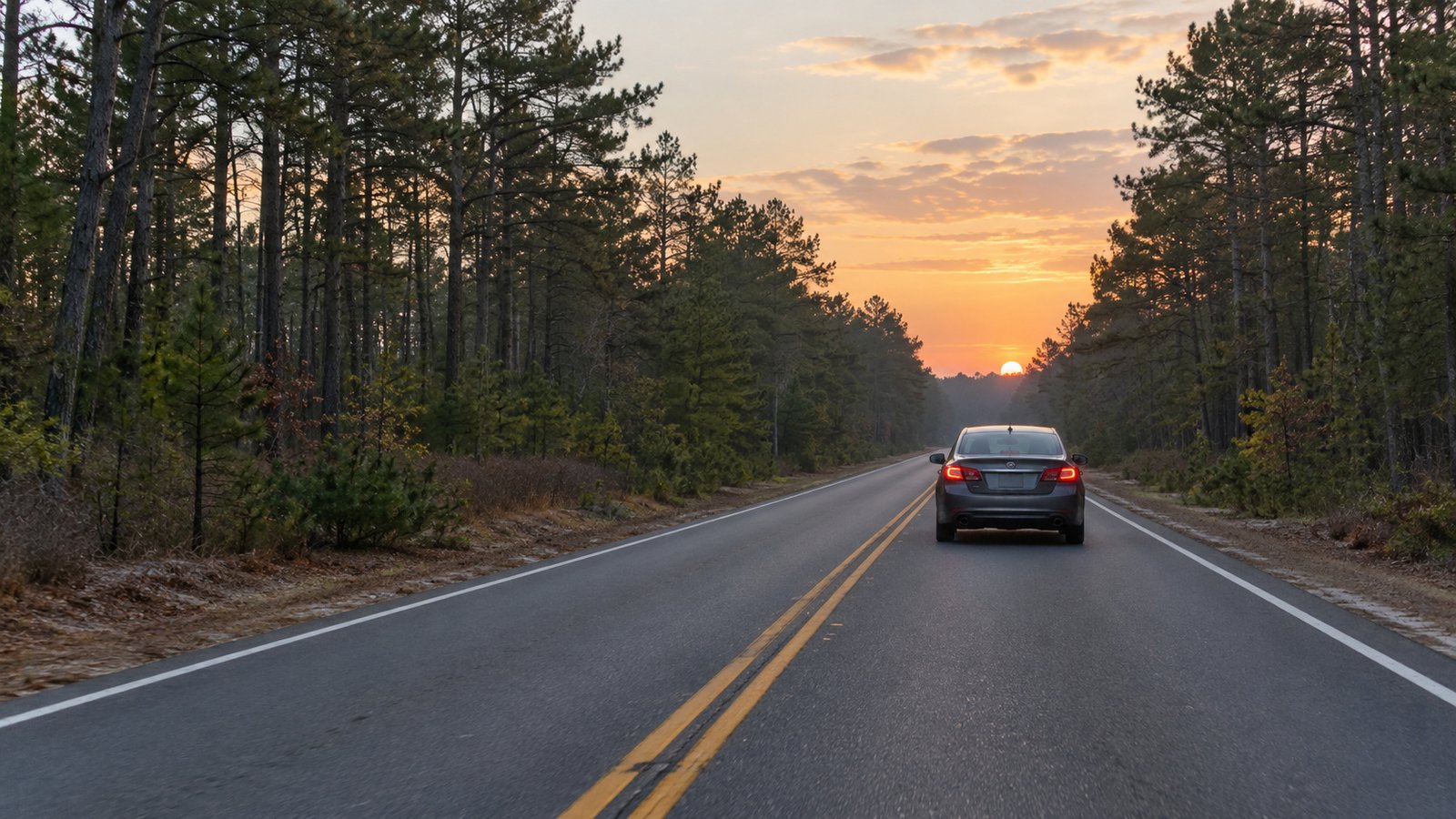 Complete sedan seen from behind in the right lane of a two-lane road through pines