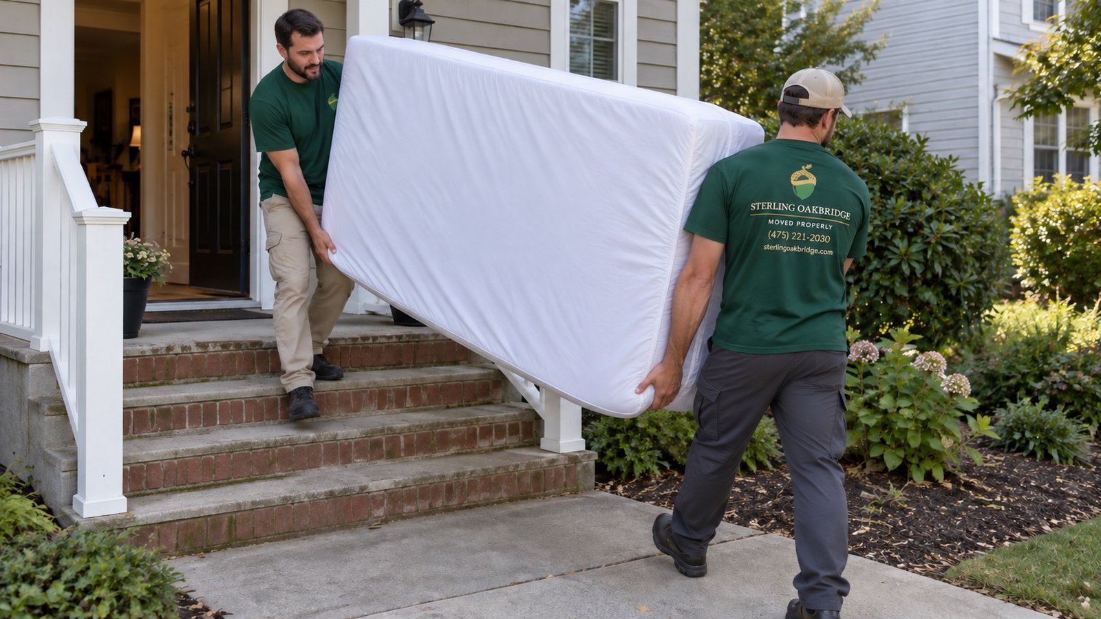 A covered mattress on entrance steps Two movers carrying a covered mattress down a short brick entrance stairway.