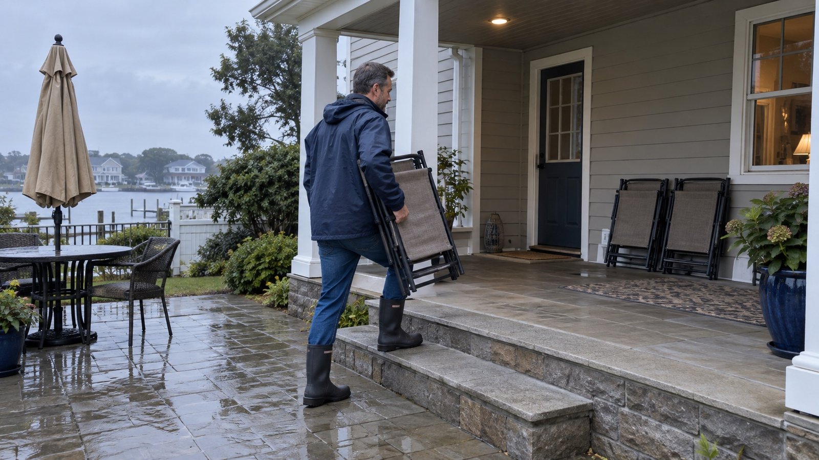 Resident in waterproof boots moving a folded patio chair onto a covered porch after rain.