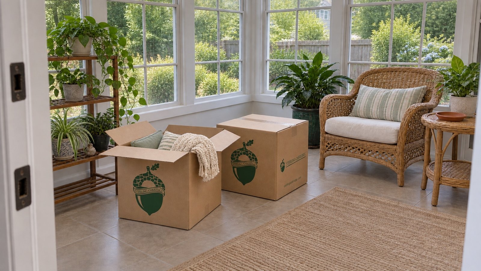 Furnished sunroom with wicker seating, plants and two branded medium cartons, one holding cushions and a knitted throw.