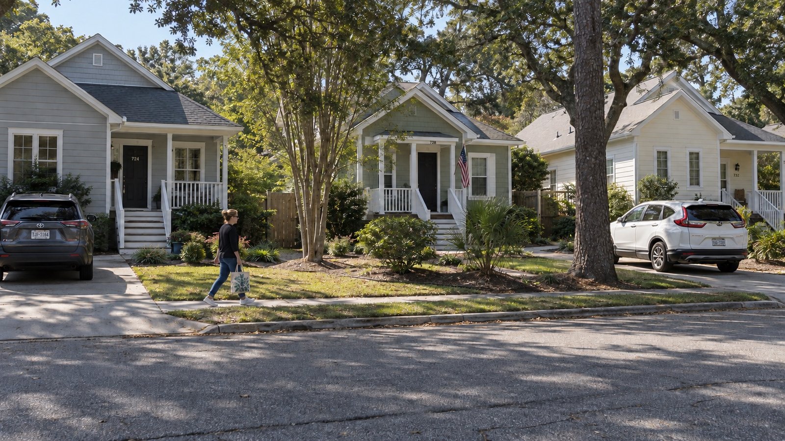 Detached coastal homes along a level residential street, with planted yards, parked cars and a resident walking with a shopping bag.