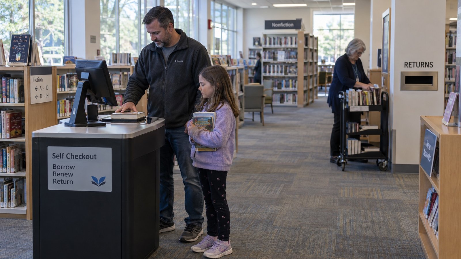 Parent and child using a library self-checkout station, with a staff member and book cart nearby.