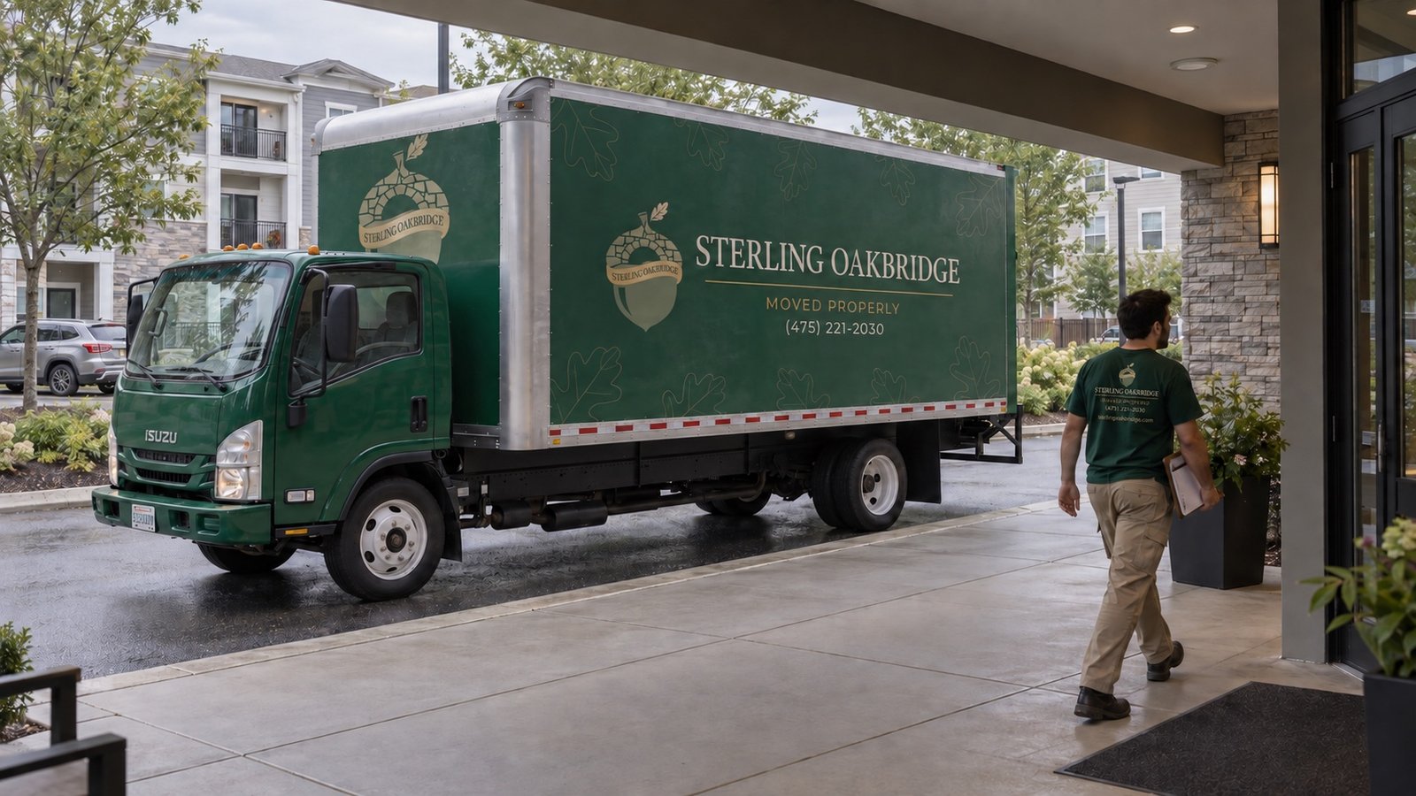 Moving truck seen from the apartment canopy Green branded Sterling Oakbridge Isuzu moving truck beside a private apartment entrance, with a mover carrying a clipboard toward the door.