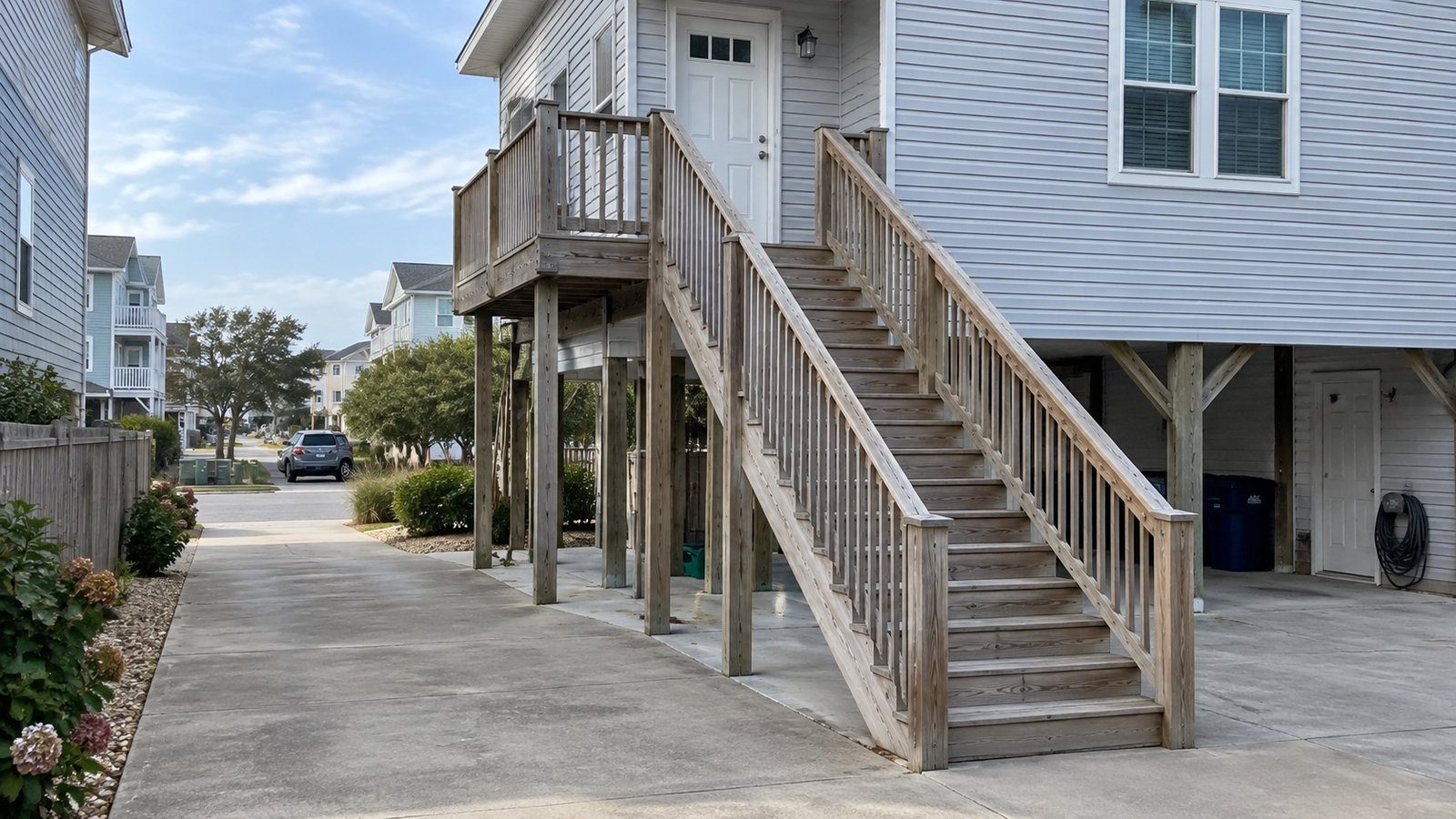 A broad straight wooden stairway leading to the first living-floor deck and entrance of a raised coastal house.