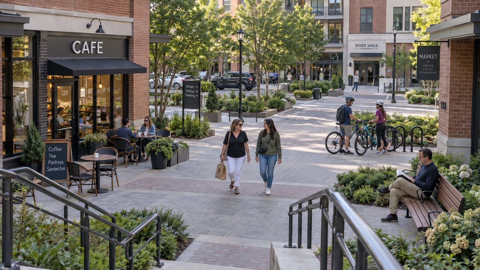 People walking through a landscaped shopping plaza, with cafe tables, bicycles and apartments above the shops.