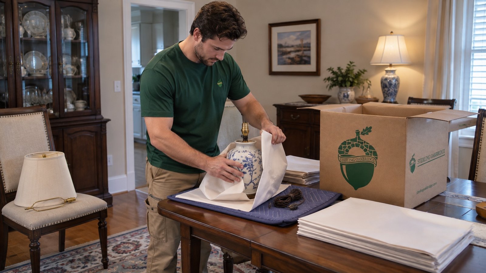Mover wrapping a ceramic lamp base in protective paper at a padded worktable, with its removed shade nearby and an open carton within reach.