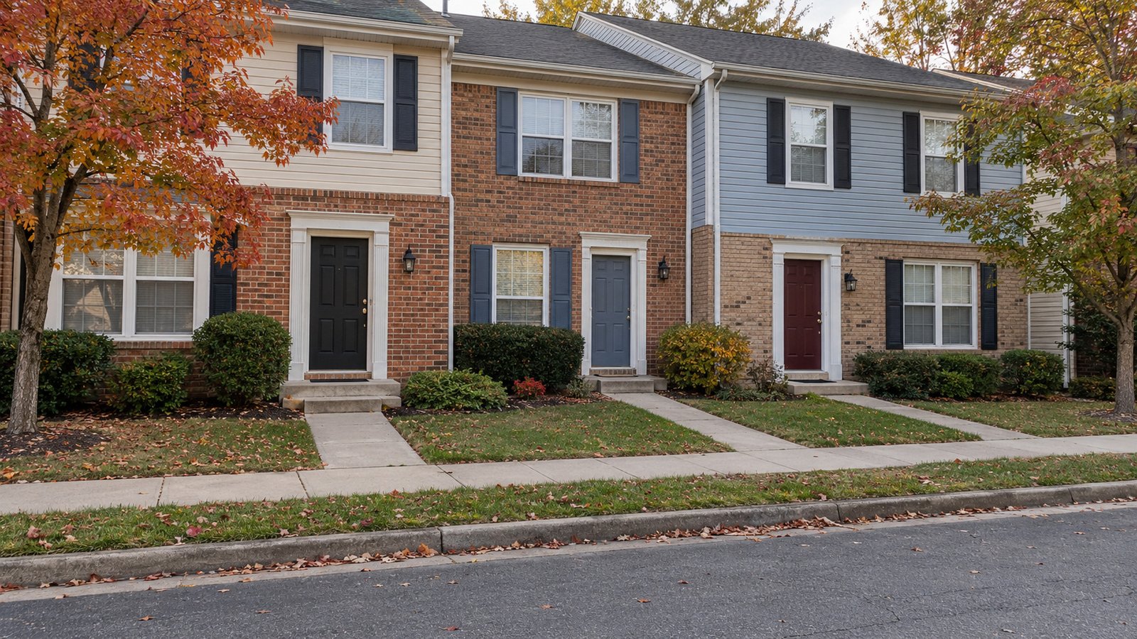 Three brick-and-siding townhouses have complete front doors, low entrance steps and separate paths to a continuous public sidewalk.