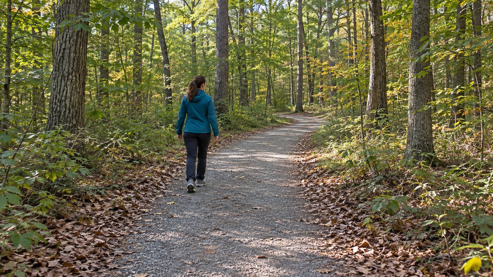 Make a forest walk part of the real weekly plan One resident in a teal jacket walks away along a continuous gravel woodland trail, with both shoes and the route ahead visible.