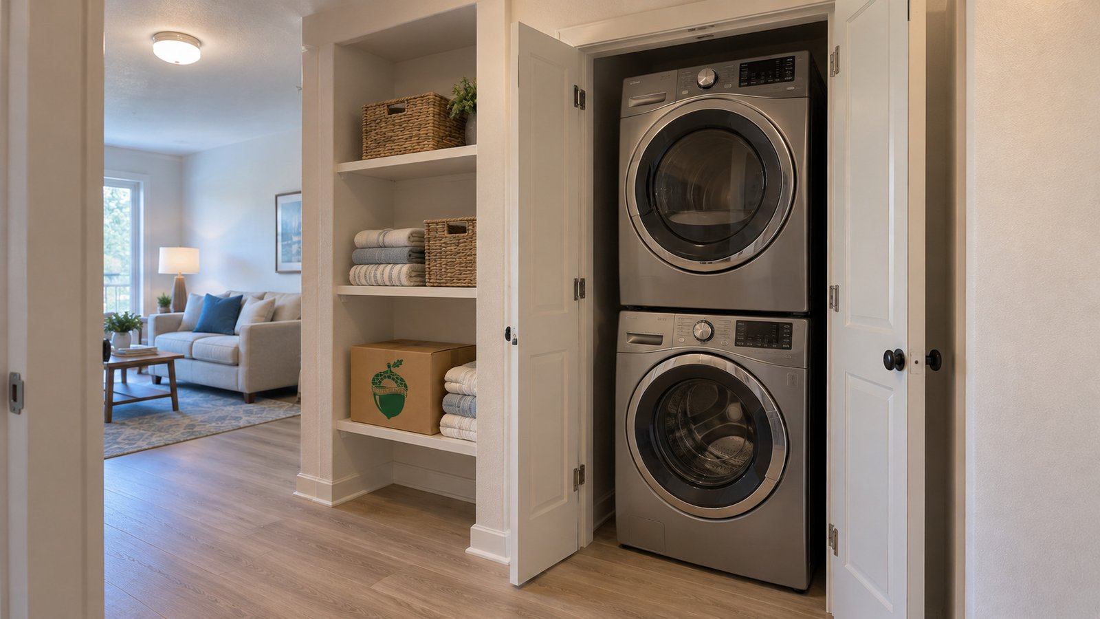 Keep laundry, linen storage and the passage usable An open laundry closet holds a stacked washer and dryer beside linen shelves, two baskets and one compact branded carton, with a clear passage to the living room.