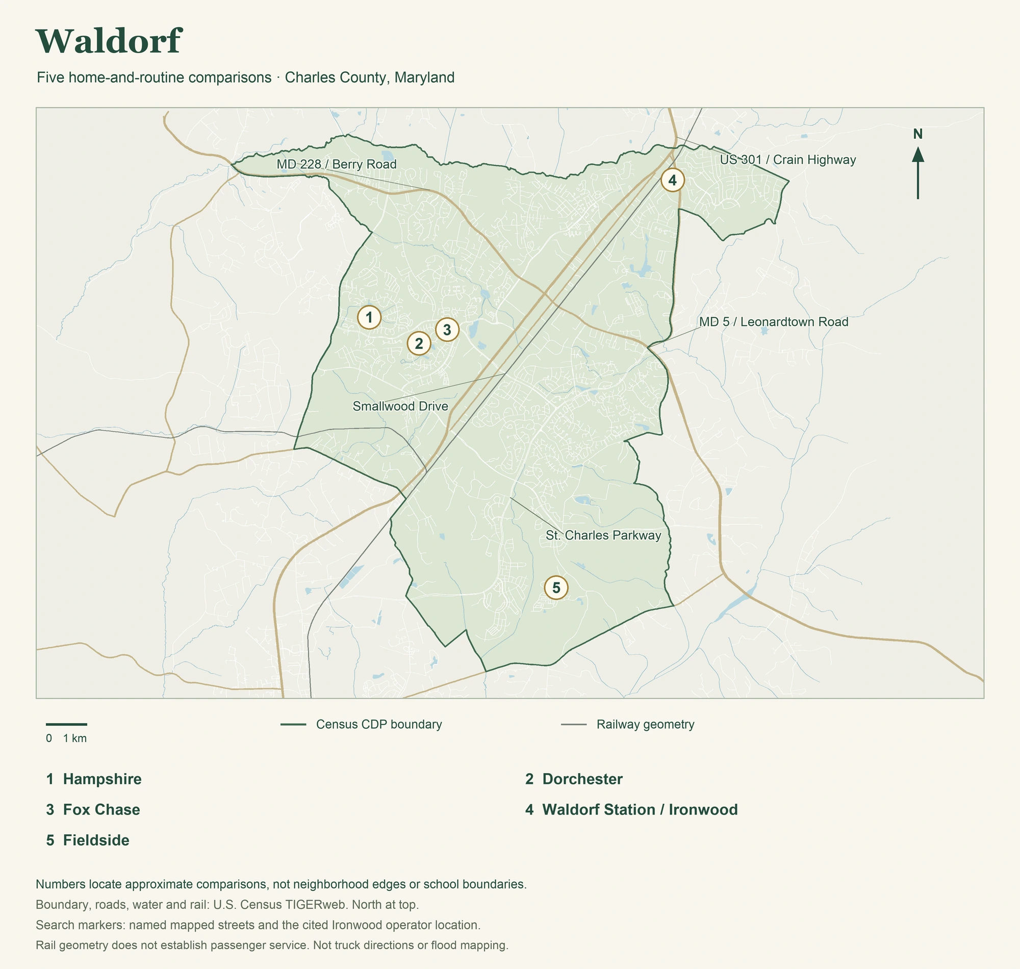 Waldorf orientation map Waldorf Census CDP boundary, five approximate home-comparison markers, regional roads, water and railway geometry.