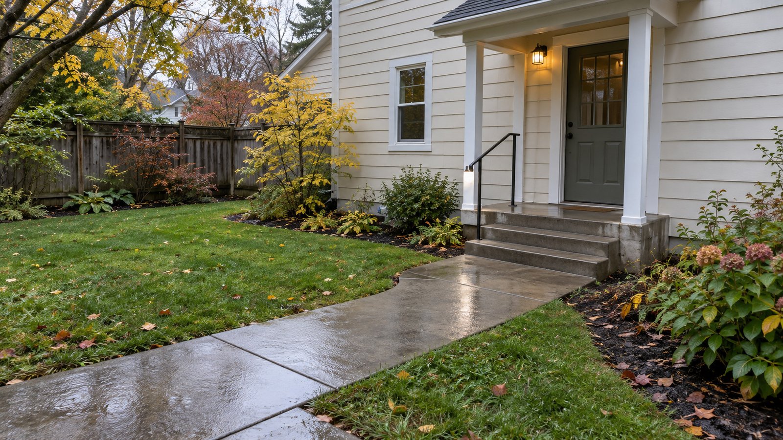 Follow the entire approach after rain A damp private concrete path leads through a modest garden to three complete steps, a sheltered landing and one closed rear door.