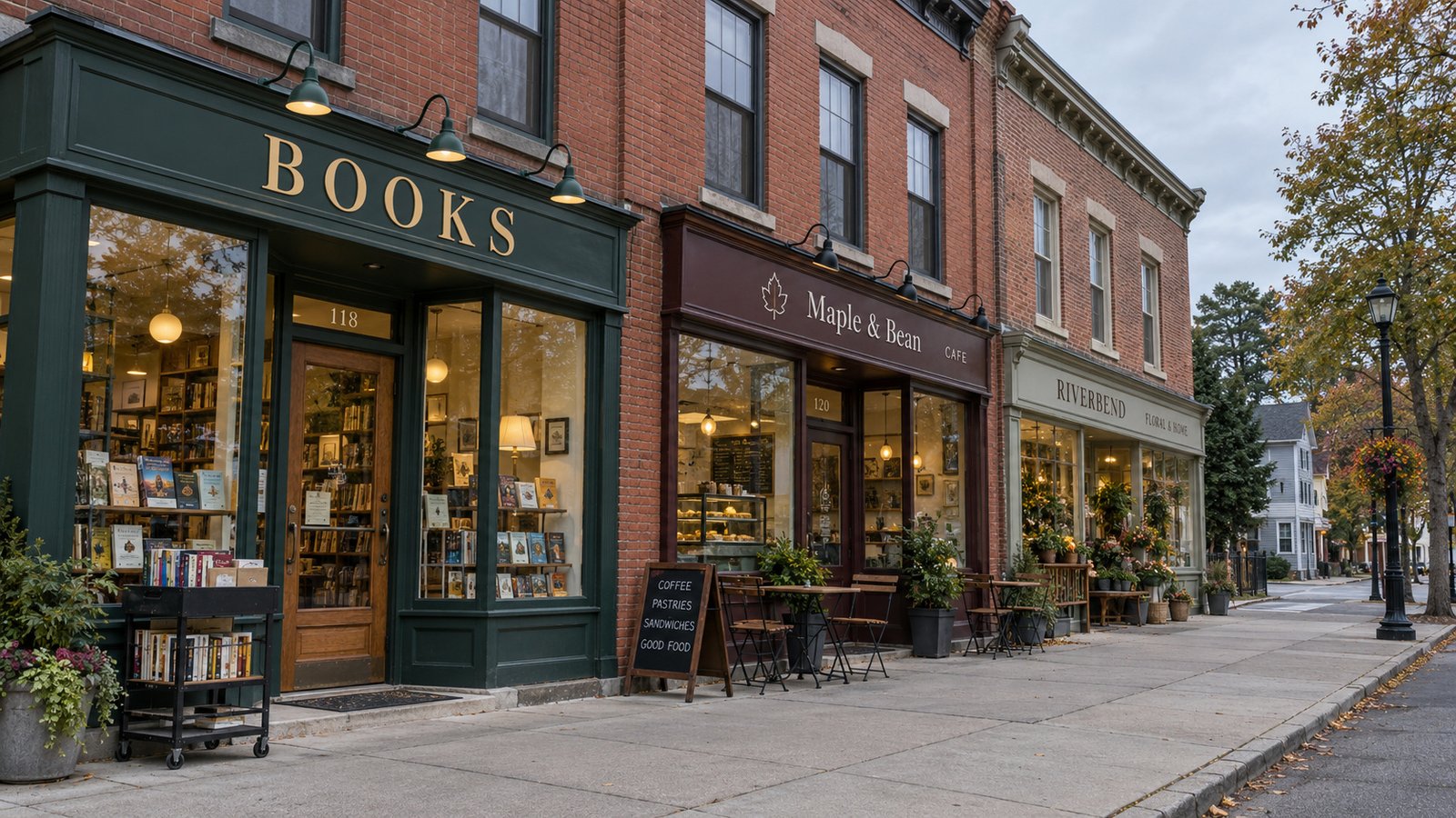An ordinary stop on a village street Brick shopfronts with a bookshop, cafe and floral shop beside a quiet sidewalk