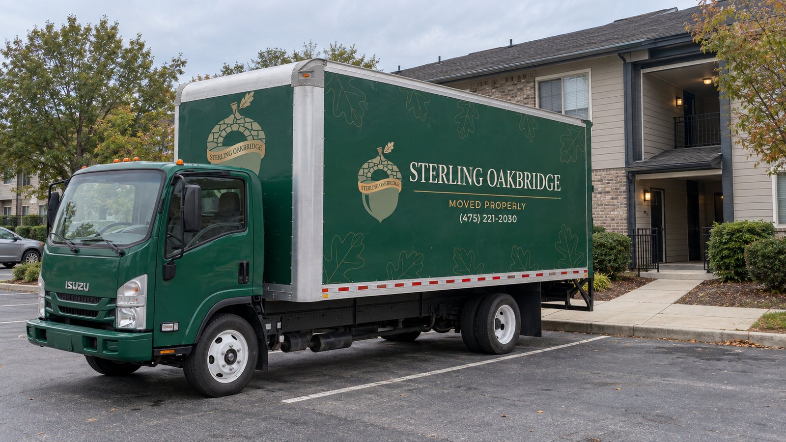 A moving truck in a paved court Dark green Sterling Oakbridge box truck parked on a paved apartment court near a building entrance