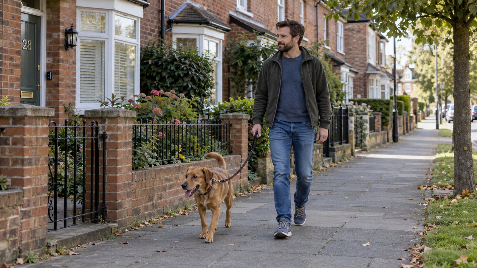 A walk that fits your daily routine Man walking a brown dog on a slack leash along a sidewalk beside brick homes