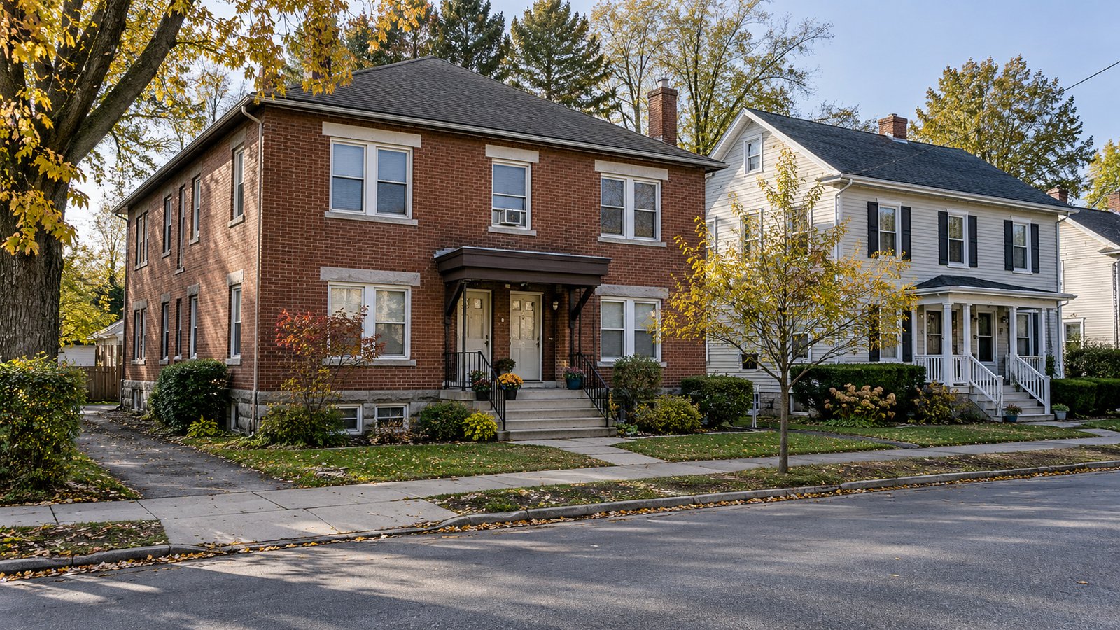 Homes along a village sidewalk Two-story brick building with separate entrances beside a white clapboard house, front gardens and a continuous sidewalk