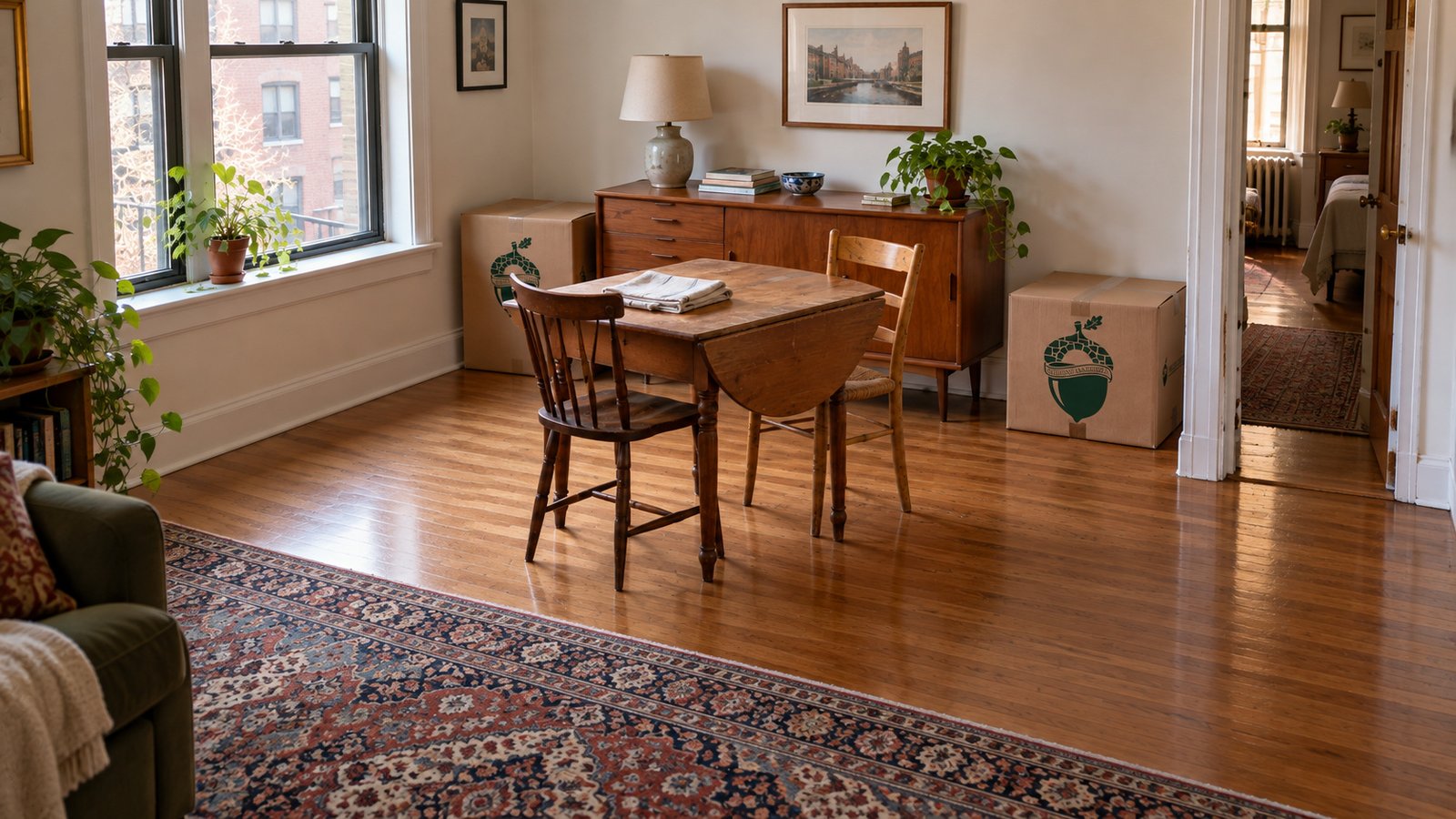 Making room around the dining table Wooden drop-leaf dining table and two chairs beside a window, with two closed Sterling Oakbridge kraft cartons near a sideboard