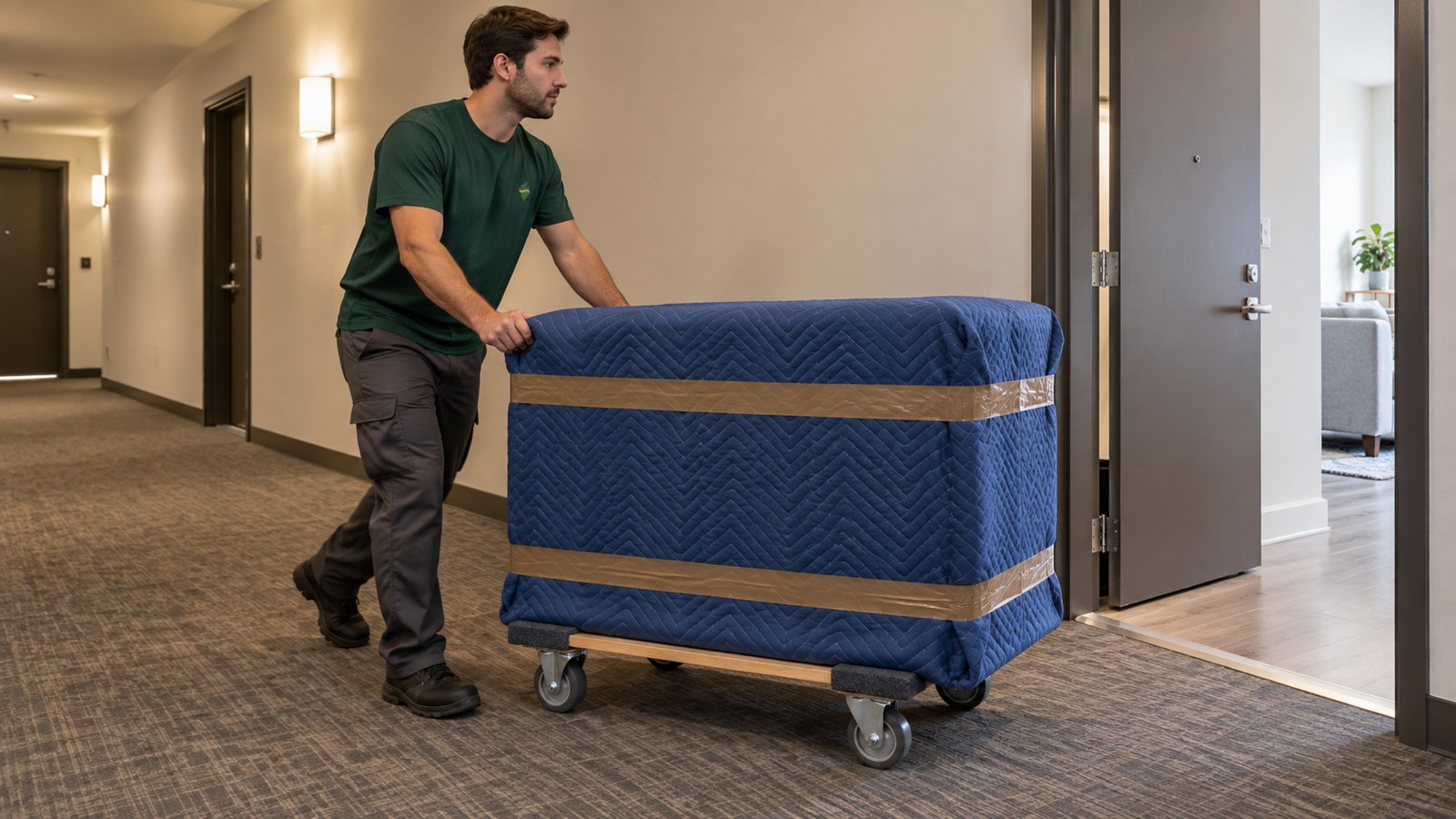 Moving a protected cabinet toward the doorway Sterling Oakbridge mover pushes a blue-blanket-wrapped cabinet on a wooden furniture dolly toward an open doorway